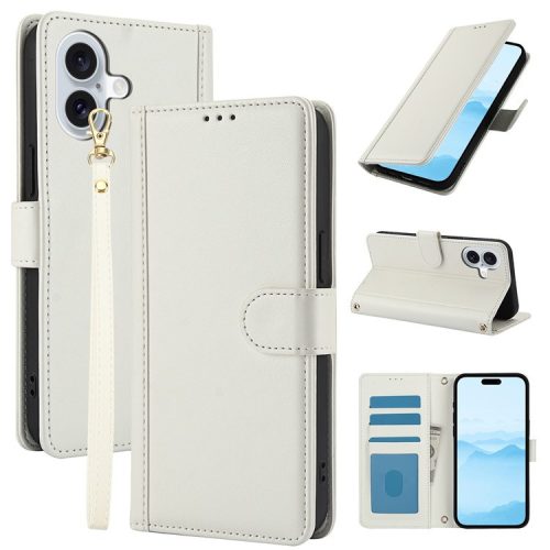 SY-003 For iPhone 16 Case PU Leather Stand View Phone Wallet Cover with Hand Strap - White