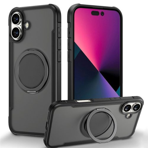 Thunder 3 Series For iPhone 16 Case Rotating Magnetic Kickstand PC+TPU Matte Phone Cover - Black