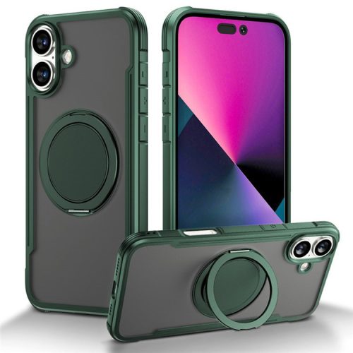 Thunder 3 Series For iPhone 16 Case Rotating Magnetic Kickstand PC+TPU Matte Phone Cover - Green