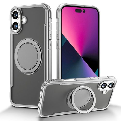 Thunder 3 Series For iPhone 16 Case Rotating Magnetic Kickstand PC+TPU Matte Phone Cover - Grey