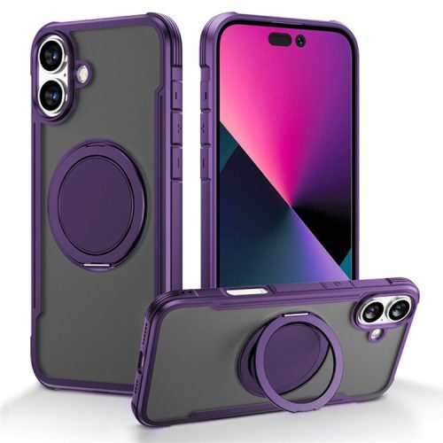 Thunder 3 Series For iPhone 16 Case Rotating Magnetic Kickstand PC+TPU Matte Phone Cover - Purple