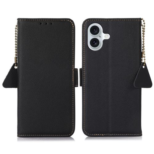 TJ For iPhone 16 Case RFID Blocking Genuine Cow Leather Phone Cover with Wallet Stand -  Black