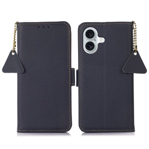 TJ For iPhone 16 Case RFID Blocking Genuine Cow Leather Phone Cover with Wallet Stand -  Blue