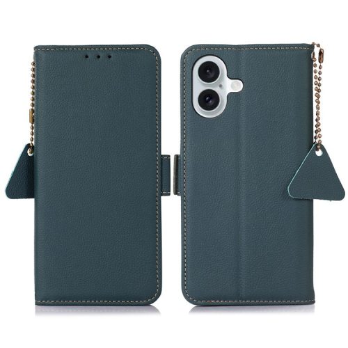 TJ For iPhone 16 Case RFID Blocking Genuine Cow Leather Phone Cover with Wallet Stand -  Green