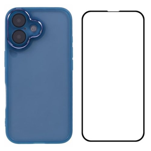 WANLONFENG DKSM Series for iPhone 16 TPU Case Electroplated Frame Phone Cover with Tempered Glass - Transparent Blue