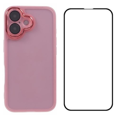 WANLONFENG DKSM Series for iPhone 16 TPU Case Electroplated Frame Phone Cover with Tempered Glass - Transparent Pink