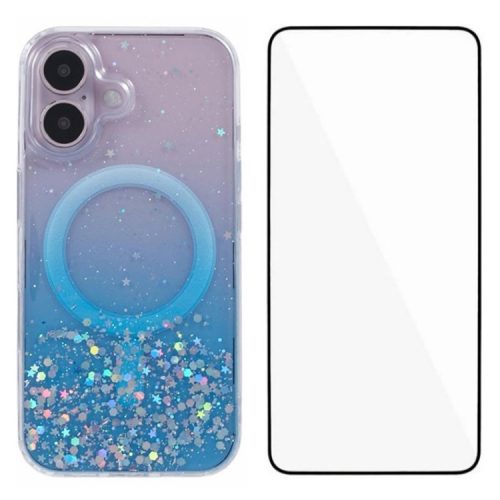 WANLONFENG JWT1 Series for iPhone 16 Magnetic Case Epoxy Glitter TPU Phone Cover with Tempered Glass Film - Blue