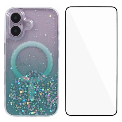 WANLONFENG JWT1 Series for iPhone 16 Magnetic Case Epoxy Glitter TPU Phone Cover with Tempered Glass Film - Green