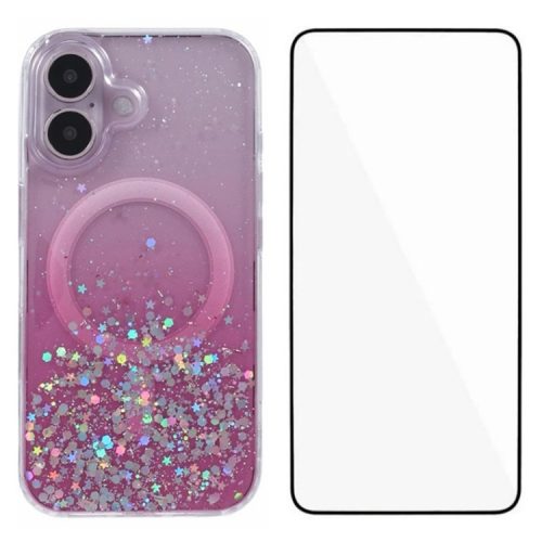 WANLONFENG JWT1 Series for iPhone 16 Magnetic Case Epoxy Glitter TPU Phone Cover with Tempered Glass Film - Pink