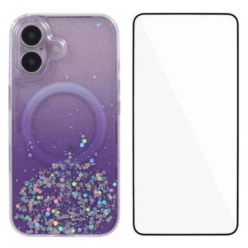 WANLONFENG JWT1 Series for iPhone 16 Magnetic Case Epoxy Glitter TPU Phone Cover with Tempered Glass Film - Purple