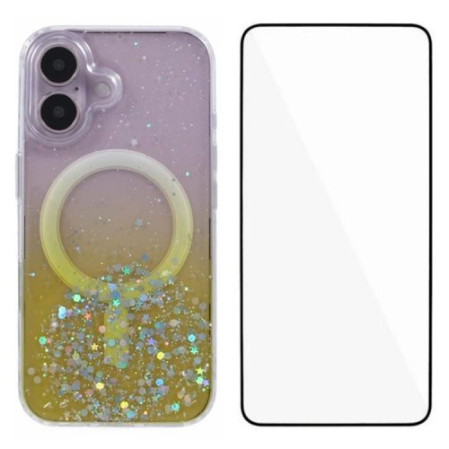 WANLONFENG JWT1 Series for iPhone 16 Magnetic Case Epoxy Glitter TPU Phone Cover with Tempered Glass Film - Yellow