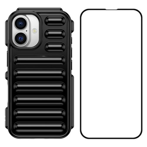 WANLONFENG LK Series for iPhone 16 TPU Case Capsule Phone Cover with Screen Film 2-in-1 - Black