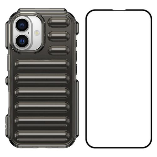 WANLONFENG LK Series for iPhone 16 TPU Case Capsule Phone Cover with Screen Film 2-in-1 - Transparent Grey