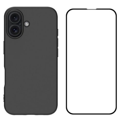 WANLONFENG RB2 Series for iPhone 16 Case with Tempered Glass Screen Film TPU Phone Cover (Big Lens Hole) - Black