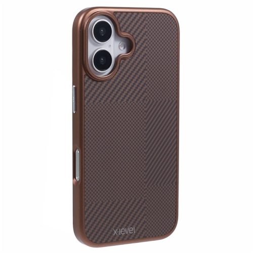 X-LEVEL For iPhone 16 Case Anti-Scratch PC Hard Phone Cover Carbon Nano-Fiber Texture - Grey - Titanium Gold