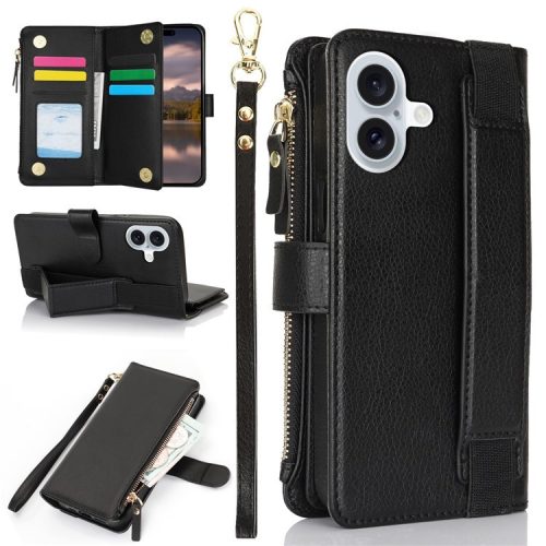 XL-001 For iPhone 16 Case Zipper Pocket Wristband Stand Leather Phone Cover - Black