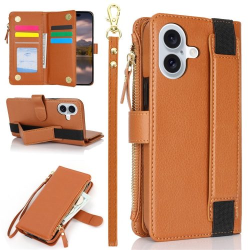 XL-001 For iPhone 16 Case Zipper Pocket Wristband Stand Leather Phone Cover - Brown