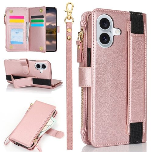 XL-001 For iPhone 16 Case Zipper Pocket Wristband Stand Leather Phone Cover - Pink