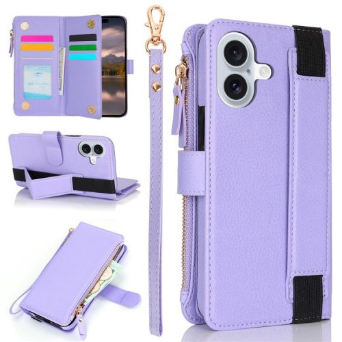 XL-001 For iPhone 16 Case Zipper Pocket Wristband Stand Leather Phone Cover - Purple