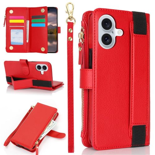 XL-001 For iPhone 16 Case Zipper Pocket Wristband Stand Leather Phone Cover - Red