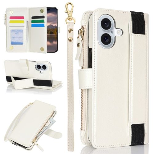 XL-001 For iPhone 16 Case Zipper Pocket Wristband Stand Leather Phone Cover - White