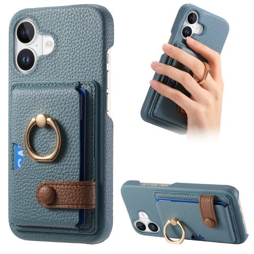 Y2 For iPhone 16 Case Ring Holder Kickstand Card Slot Leather Phone Back Cover - Baby Blue