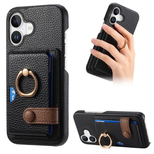 Y2 For iPhone 16 Case Ring Holder Kickstand Card Slot Leather Phone Back Cover - Black