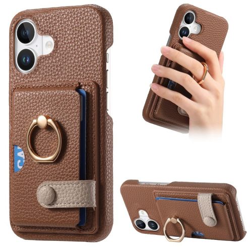 Y2 For iPhone 16 Case Ring Holder Kickstand Card Slot Leather Phone Back Cover - Brown