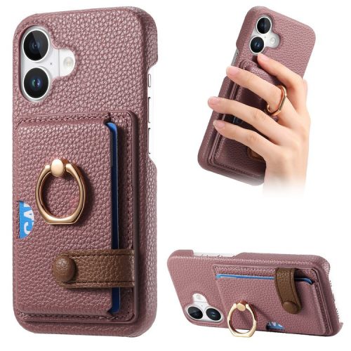 Y2 For iPhone 16 Case Ring Holder Kickstand Card Slot Leather Phone Back Cover - Date Apricot