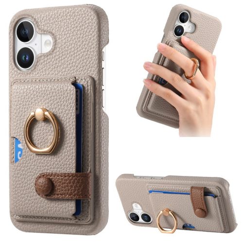 Y2 For iPhone 16 Case Ring Holder Kickstand Card Slot Leather Phone Back Cover - Khaki Grey