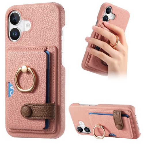 Y2 For iPhone 16 Case Ring Holder Kickstand Card Slot Leather Phone Back Cover - Pink