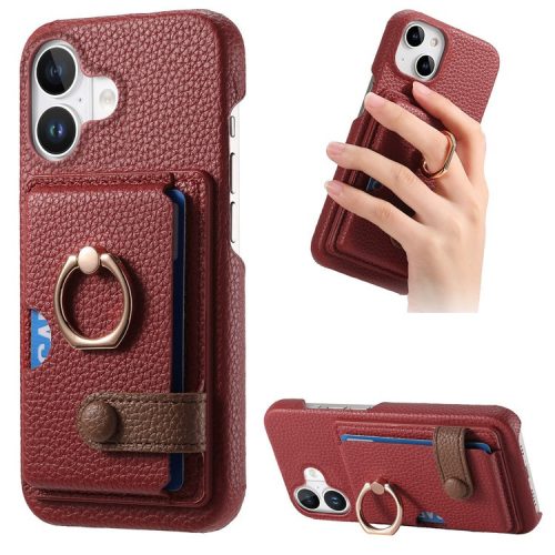 Y2 For iPhone 16 Case Ring Holder Kickstand Card Slot Leather Phone Back Cover - Red