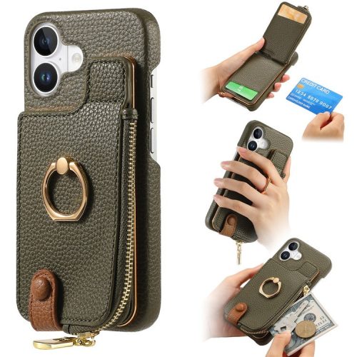 Y3 For iPhone 16 Case Card Holder Kickstand Leather+TPU Phone Cover with Zipper Pocket - Army Green