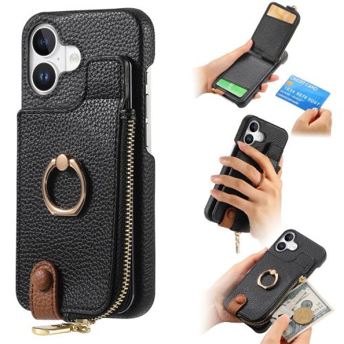 Y3 For iPhone 16 Case Card Holder Kickstand Leather+TPU Phone Cover with Zipper Pocket - Black