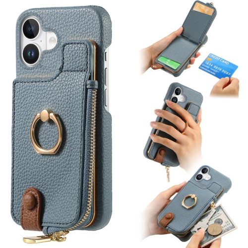 Y3 For iPhone 16 Case Card Holder Kickstand Leather+TPU Phone Cover with Zipper Pocket - Blue