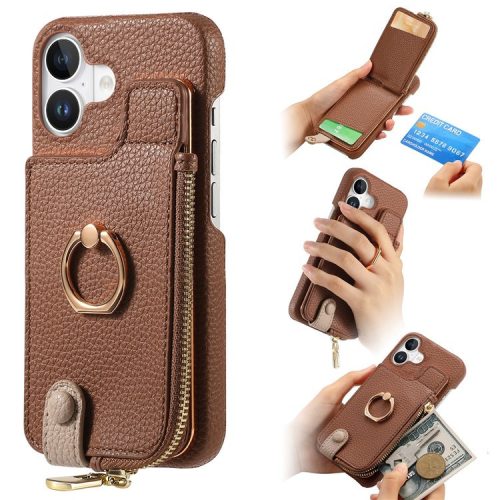 Y3 For iPhone 16 Case Card Holder Kickstand Leather+TPU Phone Cover with Zipper Pocket - Brown