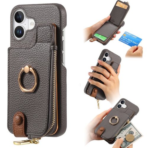 Y3 For iPhone 16 Case Card Holder Kickstand Leather+TPU Phone Cover with Zipper Pocket - Grey