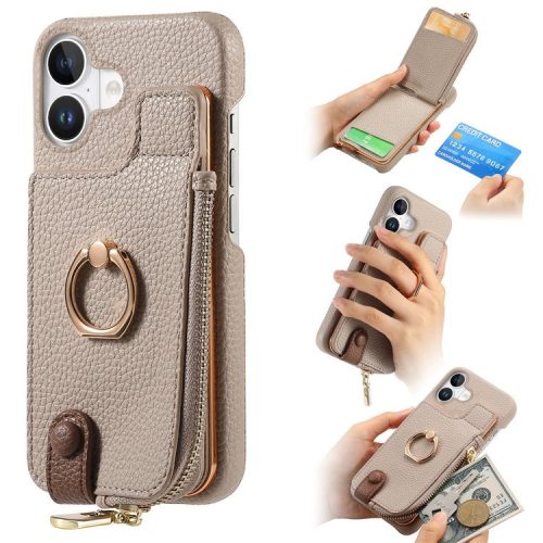 Y3 For iPhone 16 Case Card Holder Kickstand Leather+TPU Phone Cover with Zipper Pocket - Khaki