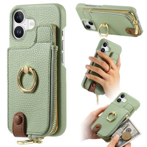 Y3 For iPhone 16 Case Card Holder Kickstand Leather+TPU Phone Cover with Zipper Pocket - Mint Green