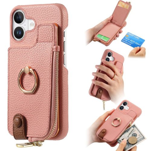 Y3 For iPhone 16 Case Card Holder Kickstand Leather+TPU Phone Cover with Zipper Pocket - Pink