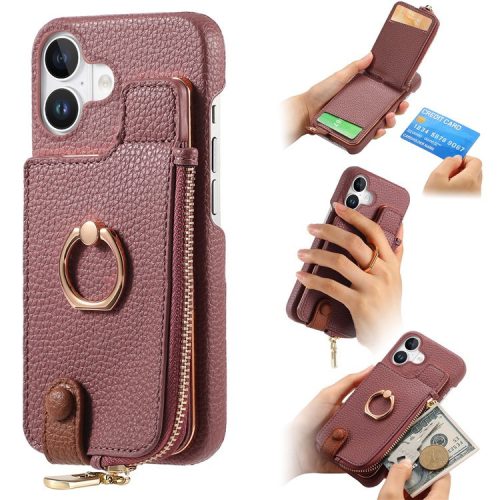 Y3 For iPhone 16 Case Card Holder Kickstand Leather+TPU Phone Cover with Zipper Pocket - Purple