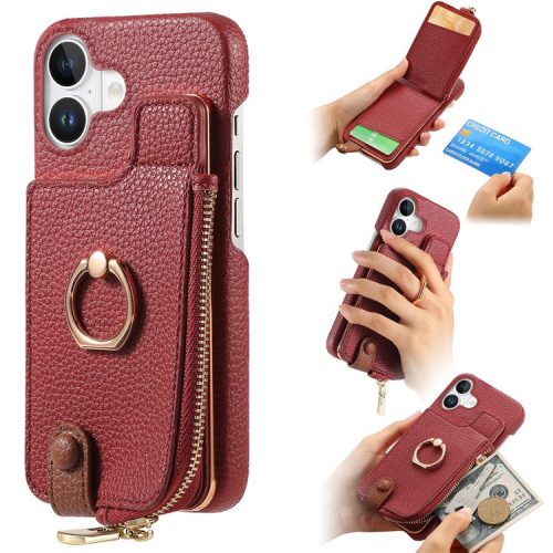 Y3 For iPhone 16 Case Card Holder Kickstand Leather+TPU Phone Cover with Zipper Pocket - Red