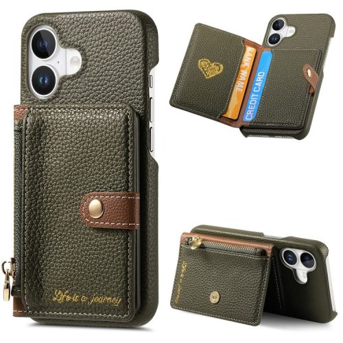 Y4 For iPhone 16 Case Zipper Pocket Leather+TPU Phone Cover Card Holder Kickstand - Army Green