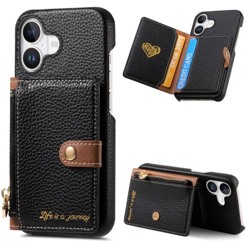 Y4 For iPhone 16 Case Zipper Pocket Leather+TPU Phone Cover Card Holder Kickstand - Black