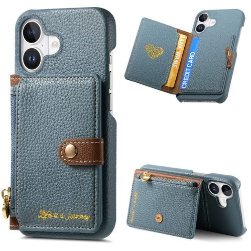 Y4 For iPhone 16 Case Zipper Pocket Leather+TPU Phone Cover Card Holder Kickstand - Blue