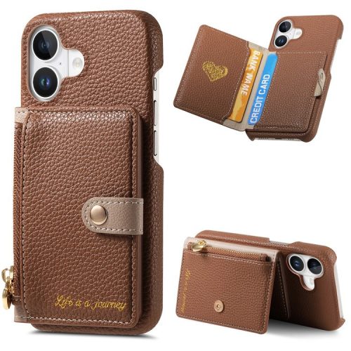 Y4 For iPhone 16 Case Zipper Pocket Leather+TPU Phone Cover Card Holder Kickstand - Brown