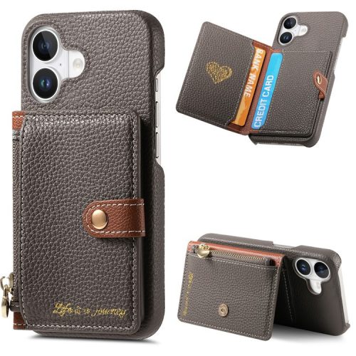 Y4 For iPhone 16 Case Zipper Pocket Leather+TPU Phone Cover Card Holder Kickstand - Grey