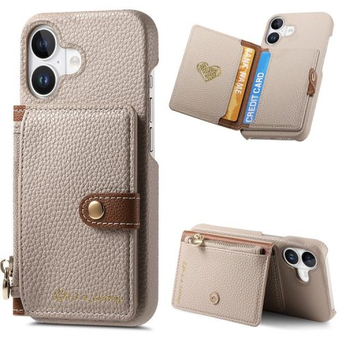 Y4 For iPhone 16 Case Zipper Pocket Leather+TPU Phone Cover Card Holder Kickstand - Khaki