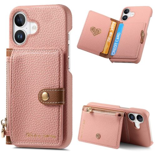 Y4 For iPhone 16 Case Zipper Pocket Leather+TPU Phone Cover Card Holder Kickstand - Pink