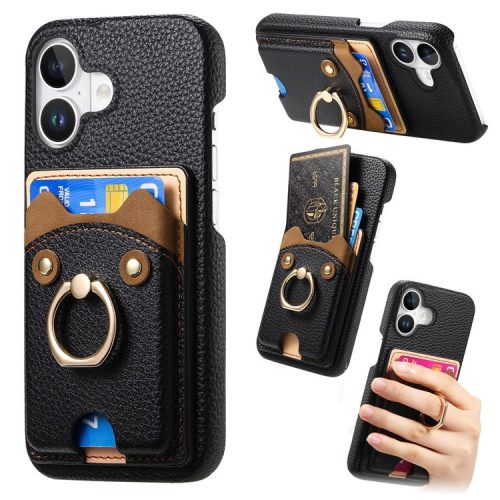 Y6 For iPhone 16 Case Cute Bear Design PU Leather+TPU Card Holder Phone Cover - Black